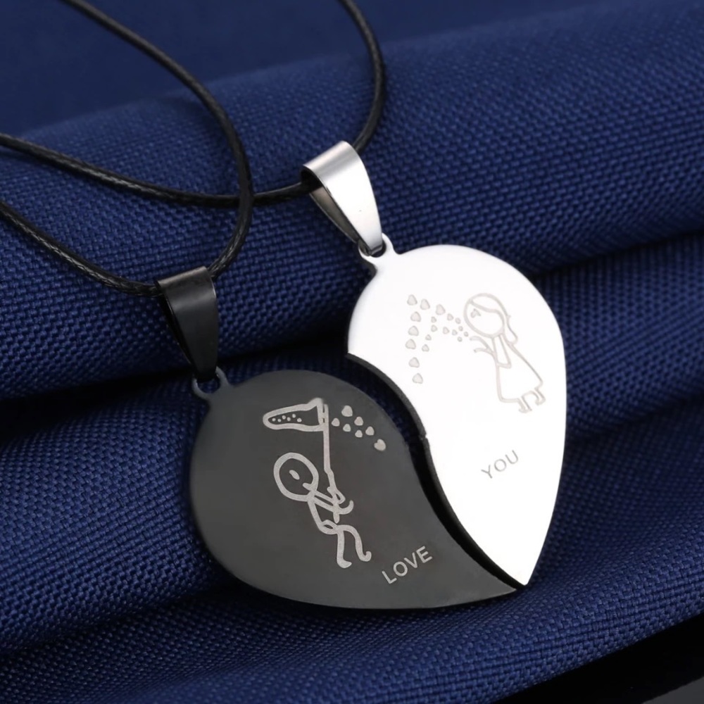 Couple Broken Heart Necklace Black Silver Color Boys Girls Choker - Picture 4 of 6